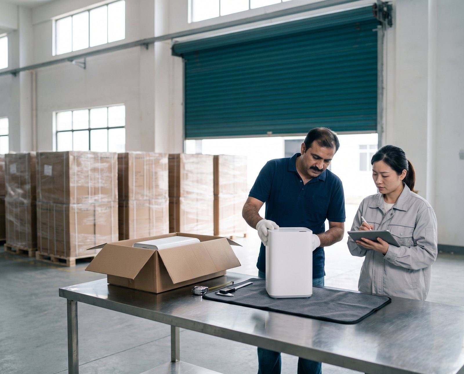 Two inspectors checking a sample unit from an export carton before shipment, in a factory dispatch bay