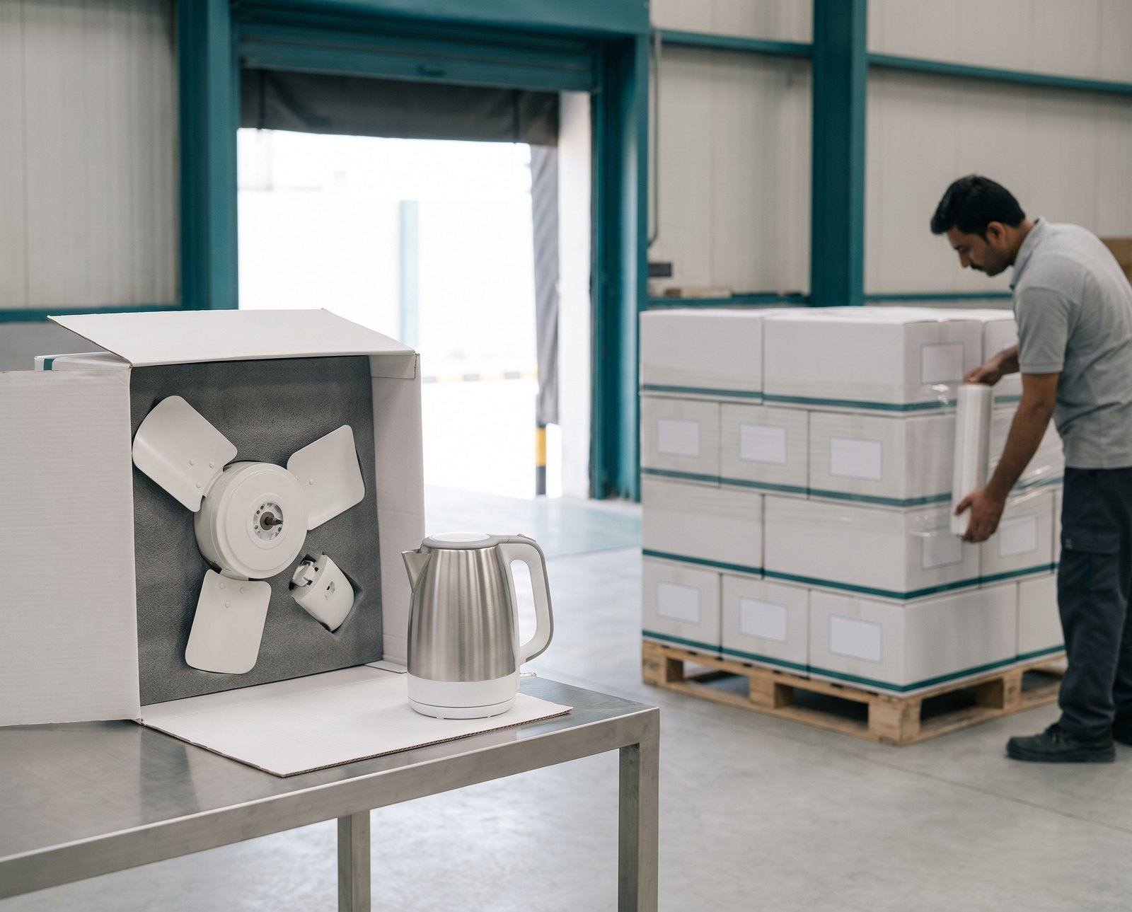 A ceiling fan and an electric kettle unboxed on a table while a pallet of cartons is wrapped for delivery