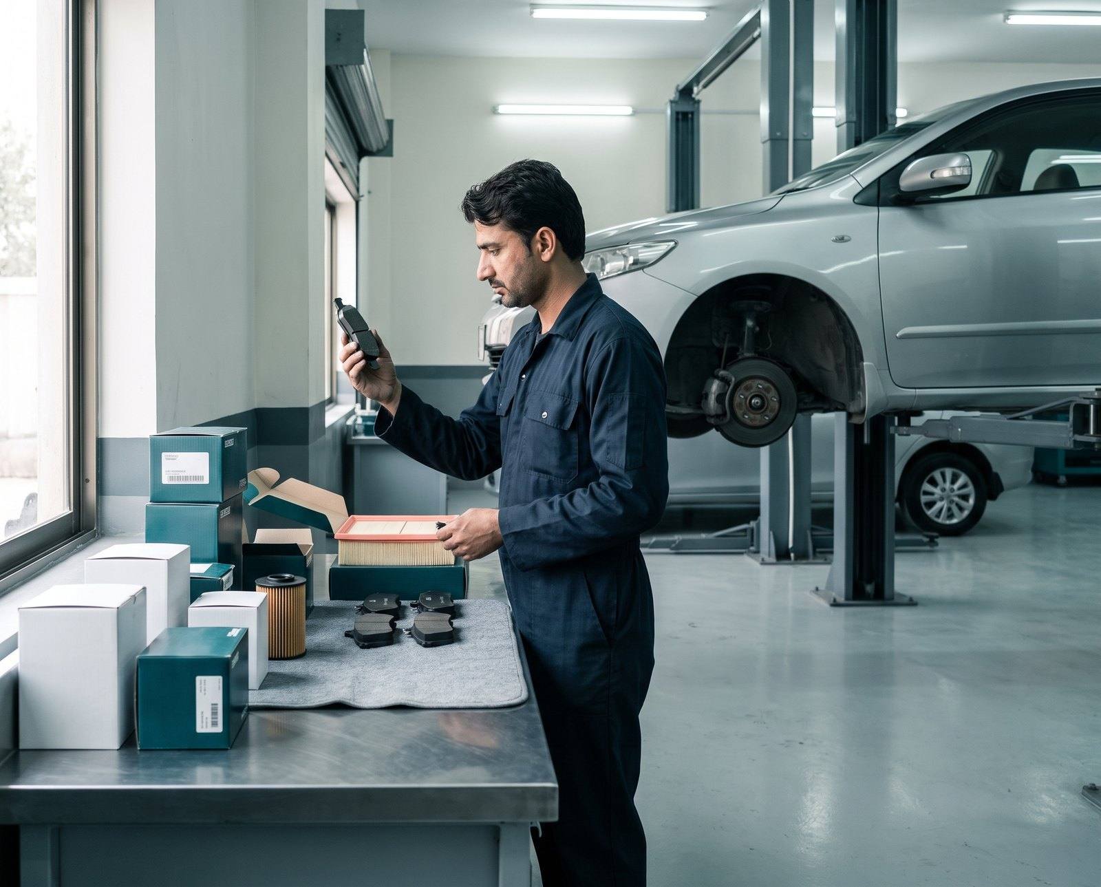 A mechanic checking a new brake pad at a bench of filters and brake parts, a car raised on a lift behind