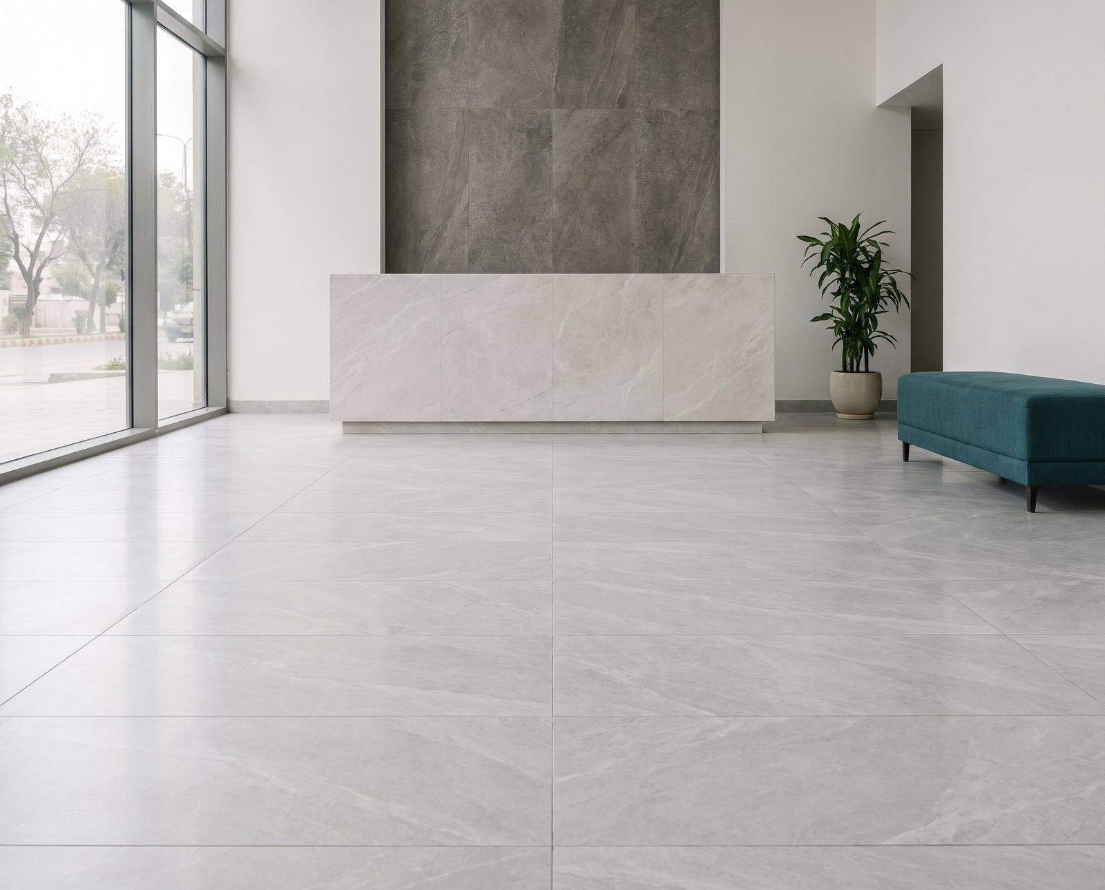 An office lobby floored in large-format light grey porcelain tiles, with a sintered stone reception counter