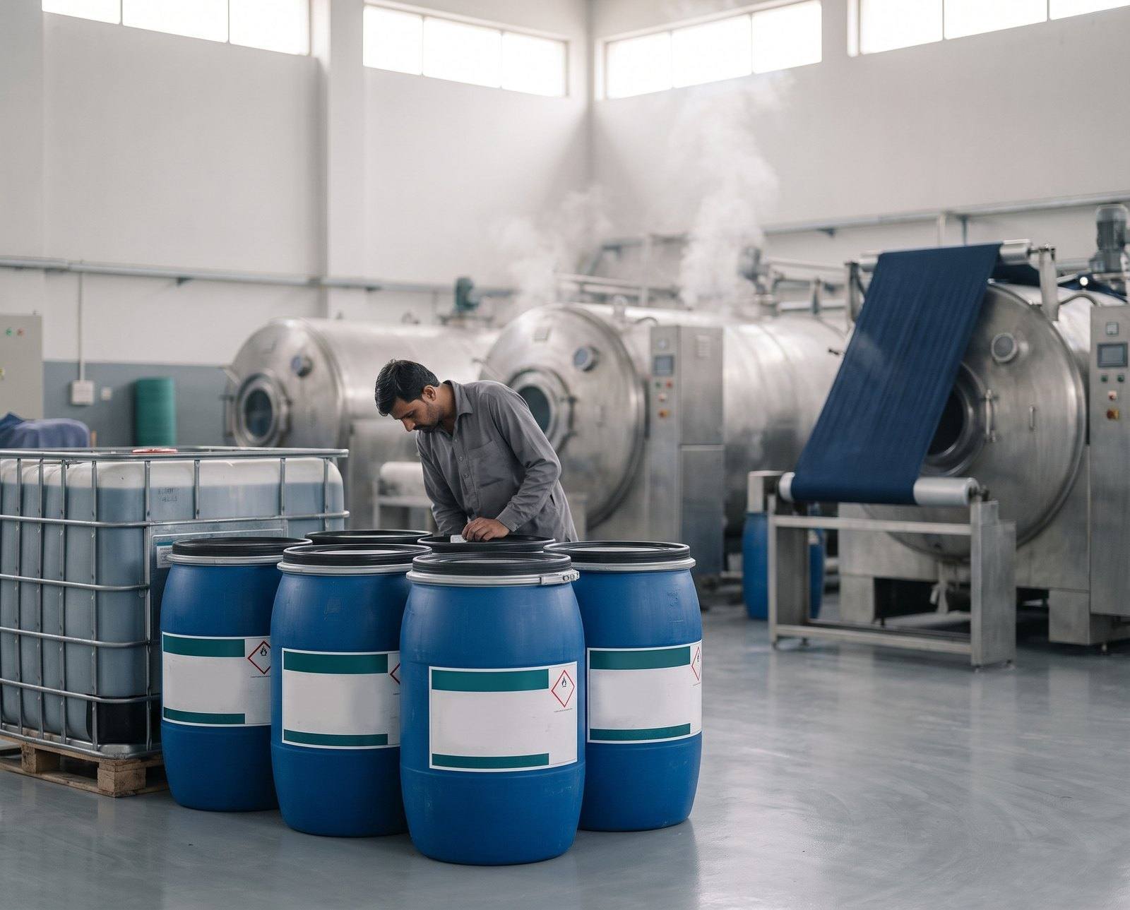 Sealed blue drums and an IBC of textile chemicals beside the dyeing machines of a dye house