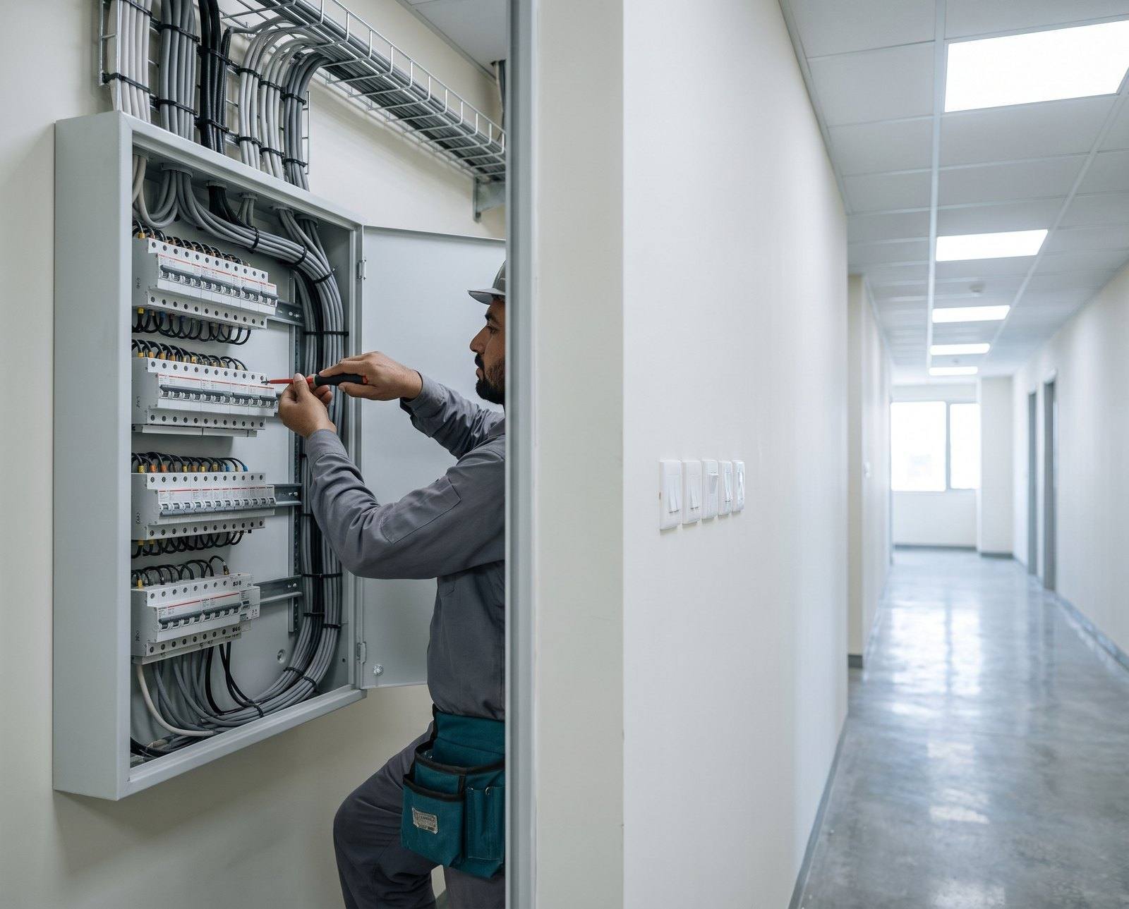 An electrician working on an open distribution board of circuit breakers in a new office corridor lit by LED panels