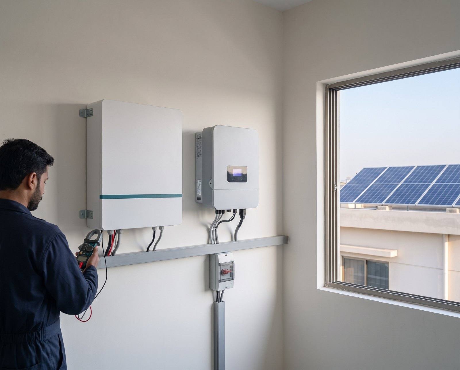 A wall-mounted lithium battery and hybrid inverter being checked by an installer, solar panels on a roof beyond the window