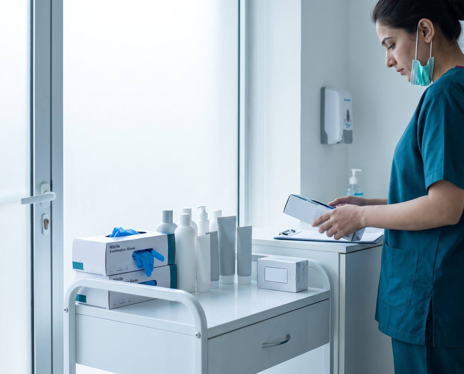 Boxes of nitrile examination gloves and personal-care bottles on a clinic trolley, a nurse checking a label