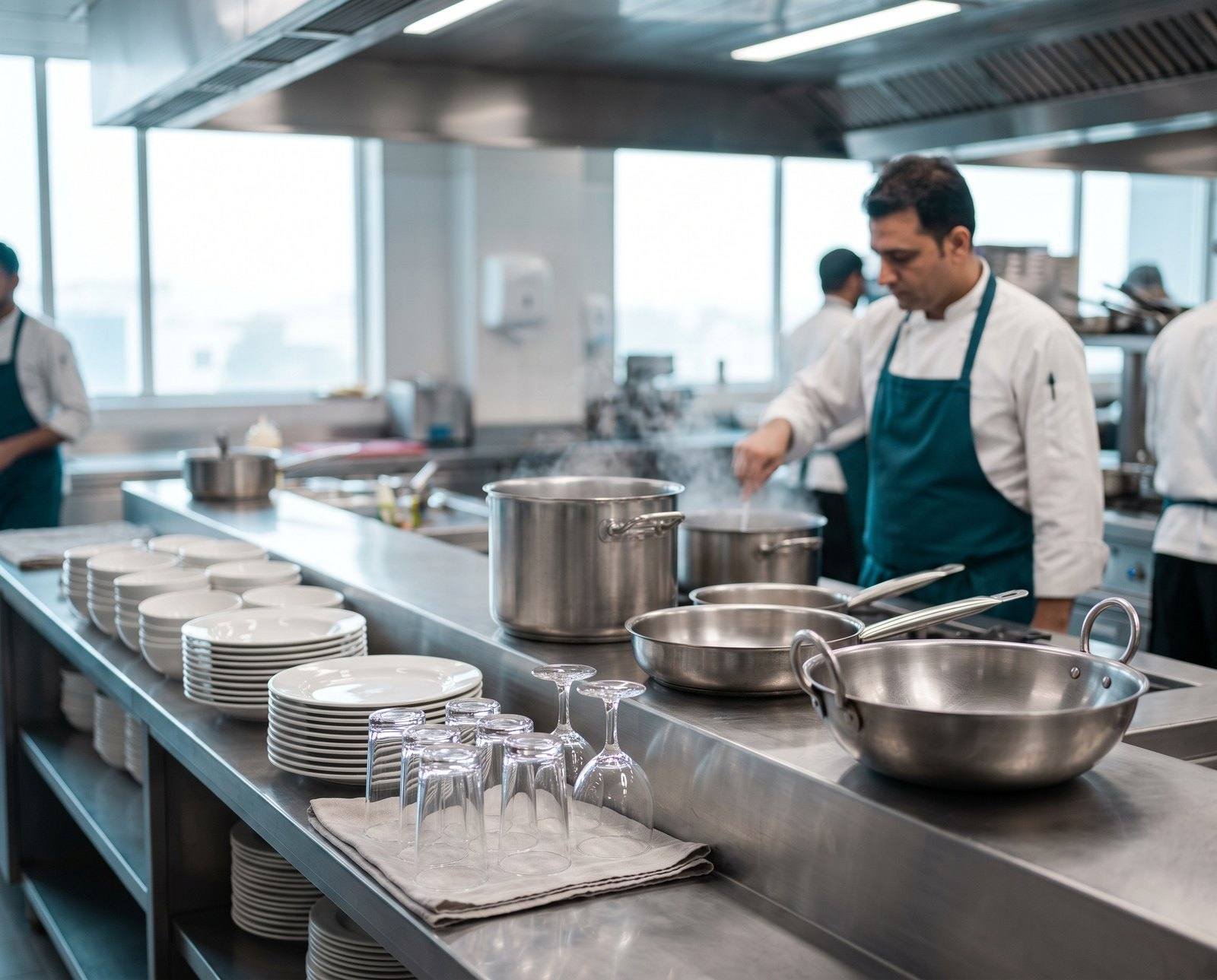 Stainless steel cookware, white tableware and glassware set out on a hotel kitchen pass
