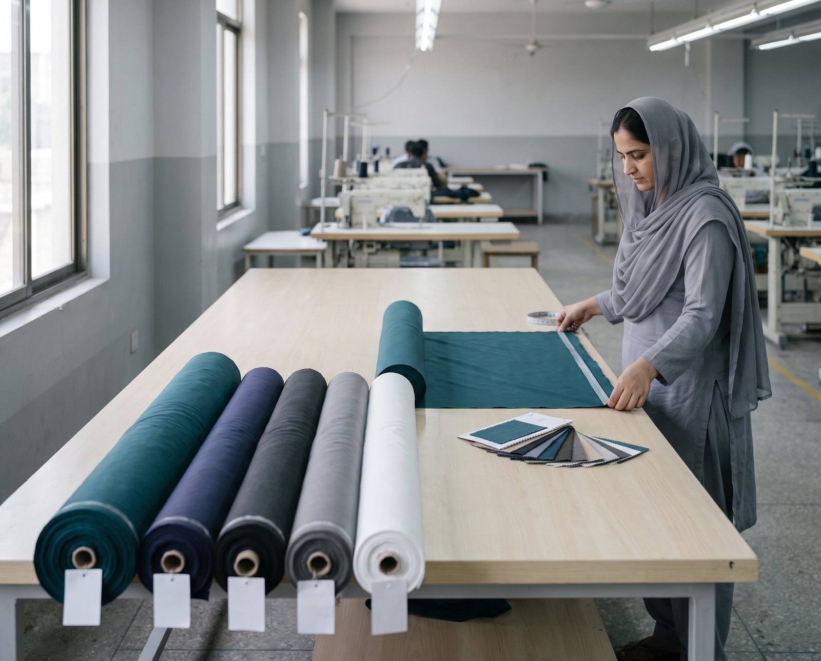 Fabric rolls on a cutting table while a garment maker measures cloth, sewing machines behind
