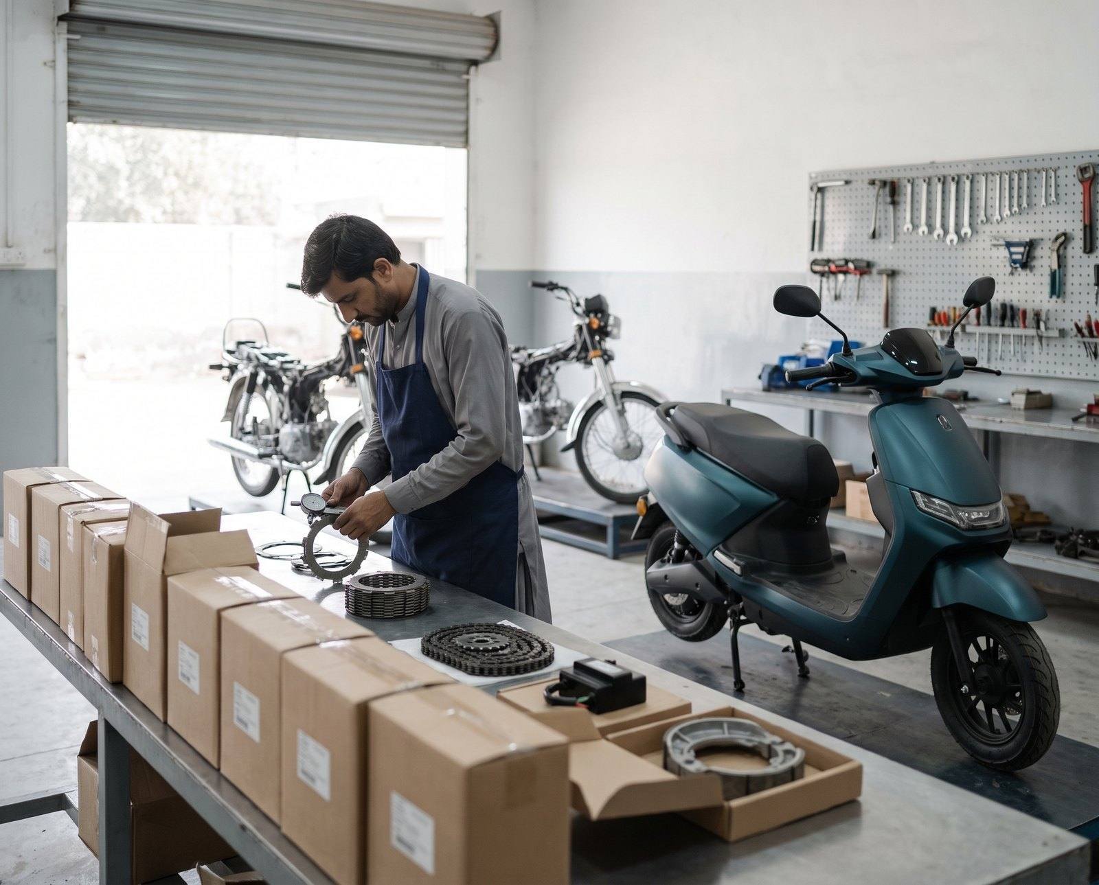 Motorcycle parts in their cartons on a workshop bench beside an electric scooter